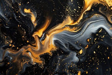 Golden sparkling abstract background, luxury black smoke, acrylic paint underwater explosion, cosmic swirling ink - Generative ai