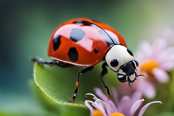 Fototapeta premium Lady bug resting on a leaf, Lady Bug on Leaf