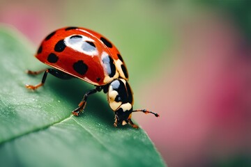 Fototapeta premium Lady bug resting on a leaf, Lady Bug on Leaf
