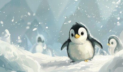Penguins Walking Through Snow