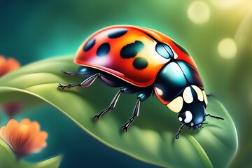 Lady bug resting on a leaf, Lady Bug on Leaf, Illustration