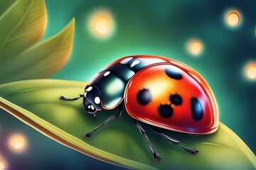Fototapeta premium Lady bug resting on a leaf, Lady Bug on Leaf, Illustration