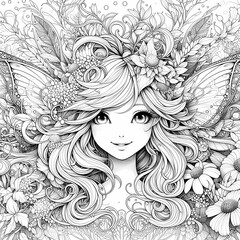 Whimsical Fantasy Garden Fairy Coloring Page White Ink, Ultra Cute Portrait