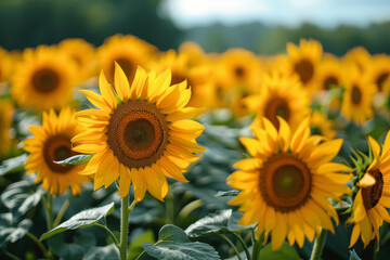 Obraz premium A vibrant field of sunflowers stretching towards the horizon, their golden faces turned towards the sun in silent homage. Concept of floral abundance. Generative Ai.