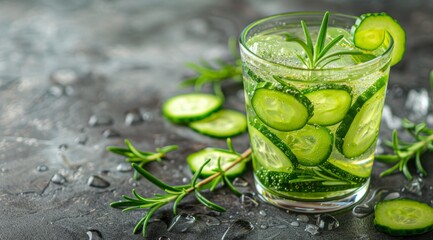 Refreshing Drink With Cucumber Slices and Rosemary Sprigs