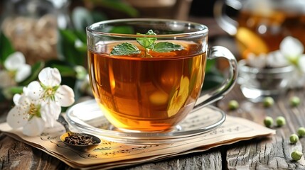   A glass cup of tea with a mint sprig on top and a spoon nearby