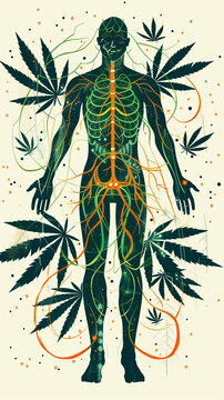 silhouette of the human body with green lines of the endocannabinoid system on a white background