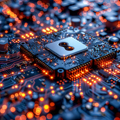 Fototapeta premium A close up of a computer chip with a keyhole in it. The chip is a microprocessor and the keyhole is a security feature