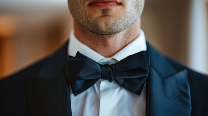 Rich Man in tuxedo and bow tie. Groom in suit, bow tie. banner with copy space for text.