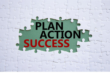 Plan Action Success symbol. Concept words Plan Action Success on white puzzle. Beautiful grey green background. Business and Plan Action Success concept. Copy space.