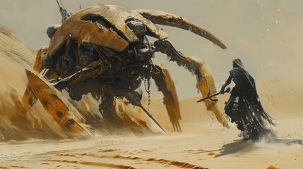 Rider on creature with a weapon in his hand goes to an abandoned robot covered with sand.