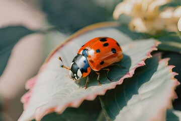 Fototapeta premium lady bug resting on a leaf, Lady Bug on Leaf, Film