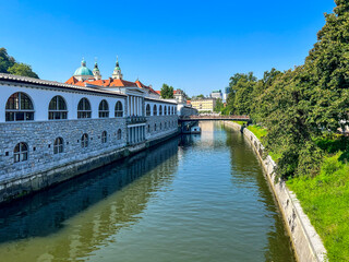 View of the Ljubljana river and the market square in Ljubljana on a sunny day