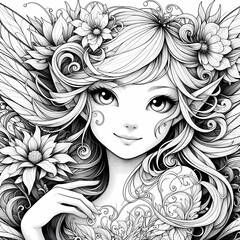 Whimsical Fantasy Garden Fairy Coloring Page White Ink, Ultra Cute Portrait