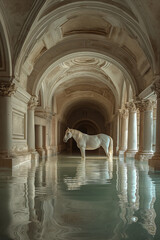 animal art, white horse stands in the middle of marble antique Roman baths, high ceiling and arches, reflections, arched marble room filled with water, surreal, dreamy atmosphere, renaissance style, p