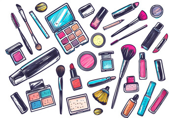 Hand drawn doodles makeup, beauty, cosmetics, colorful isolated vector illustrations on white background. set vector icon, white background, black colour icon