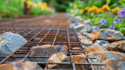 Garden landscape design, steel mesh for stone with Slate and decorative stones and flowers in the background, focus on rusty metal rebar mesh between the slabs, detailed closeup of construction elemen