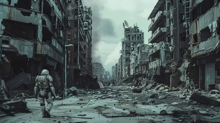 Robot walking down a street in a destroyed city in an apocalyptic world