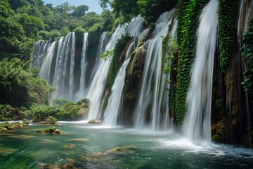 Fototapeta premium : A cascading waterfall in a tropical rainforest, surrounded by lush green vegetation, with the water sparkling as it falls into a clear pool below.