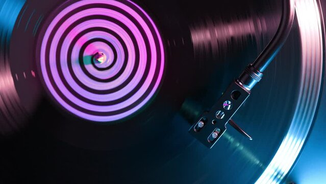 Classic stylus needle traces grooves of vinyl record. Popular player used by DJs