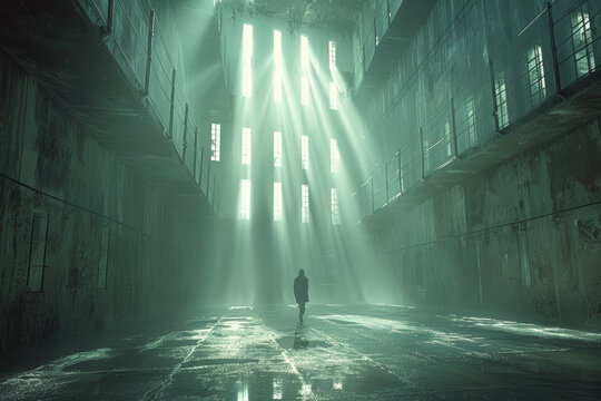 A desolate prison yard bathed in harsh fluorescent light, where inmates shuffle listlessly amidst the concrete walls and razor wire. Concept of incarcerated anguish. Generative Ai.