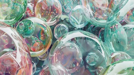   A pile of colorful soap bubbles sits atop a layer of green, red, and blue ones