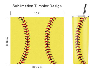 Softball seamless sublimation template for 20 oz skinny tumbler. Sublimation illustration. Seamless from edge to edge. Full tumbler wrap.