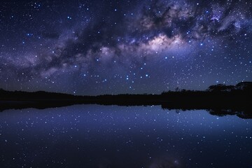 Fototapeta premium A stunning night sky over a calm, reflective lake, with the Milky Way galaxy arching across the heavens and stars mirrored perfectly in the water below.