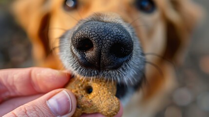 Dog’s nose close-up with a treat being offered