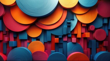 A 3D rendering of a colorful geometric pattern made of interlocking circles and rectangles in shades of blue, orange, and red. AIG51A.