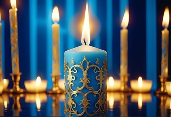 Matellic colour candle decoration with golden lines along elegant candle out of focus background behind luxrious transparent celebrations