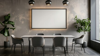 A modern dining area with a sleek table and chairs, featuring an empty mockup frame on the wall for a touch of personal style.