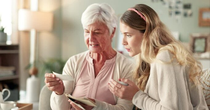 Grandma, woman or photograph for memory in house for nostalgia, learning or to remember. Senior grandmother, girl or family with pictures of old people, history or retro album on sofa in home lounge