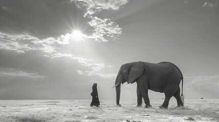 a minimalist black and white photography of a white world with a vietnamese woman and an elephant walking together. 