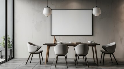 A modern dining area with a sleek table and chairs, featuring an empty mockup frame on the wall for a touch of personal style.