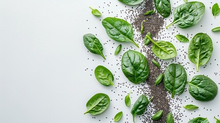 Fresh Spinach Leaves with Black Chia Seeds on White Background, Top Views, Healthy Ingredients, Minimalist Style, Copy Space, Natural Food