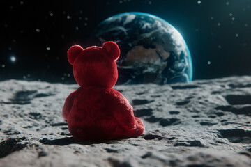 astro teddy bear sitting on the moon looking at earth, space teddy, red teddy, photorealistic // ai-generated 