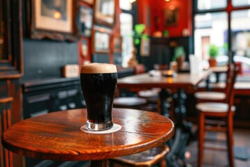Obraz premium Ruby red Irish stout beer on a table in an Irish pub