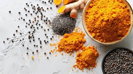 Turmeric Powder in Bowl with Black Pepper and Seeds, White Background, Top View, Vibrant Colors, Healthy Ingredients, Minimalist Style, Copy Space