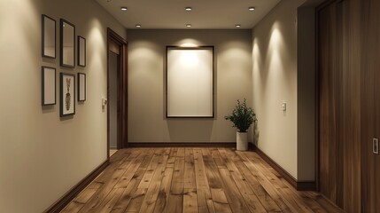 Obraz premium A modern hallway with recessed lighting and hardwood floors, highlighting an empty mockup frame as a focal point.