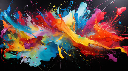 Energetic splatters of colorful pigments burst across the canvas, forming a captivating abstract display.