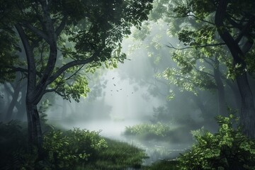 : A serene, misty forest in the early morning, with thick fog rolling through the trees and the distant sound of a babbling brook.