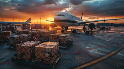 Air cargo logistic containers are loading to an airplane