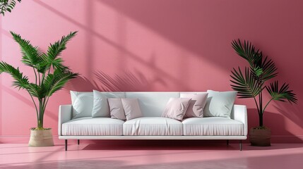 White Couch in Front of Pink Wall