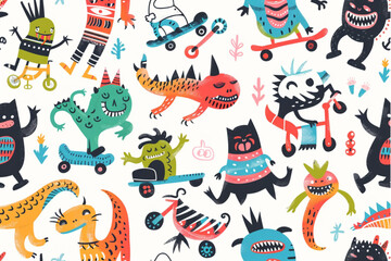 Seamless pattern of funny colorful monsters riding skateboards, scooters and bicycles. Baby, kids boy wrapping paper, textile design. set vector icon, white background, black colour icon