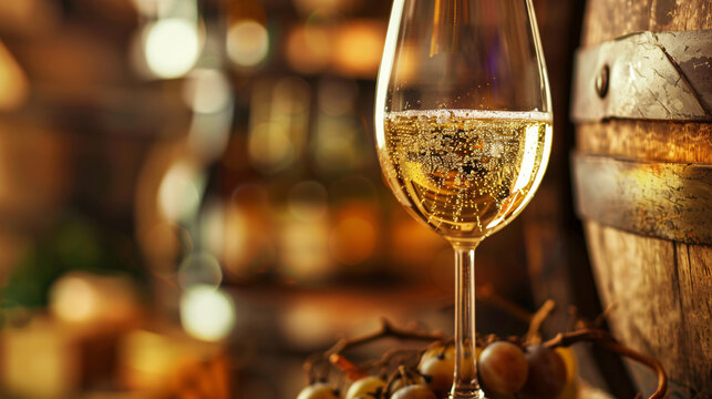 Glass of sparkling wine. A close-up of a glass filled with sparkling wine, with bubbles rising and a wooden barrel in the background..