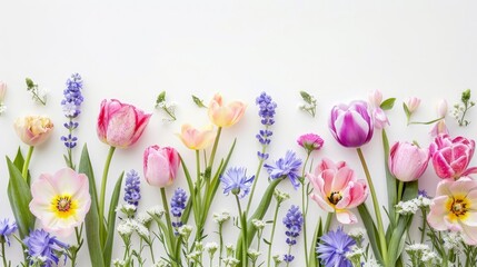 beautiful bright spring flowers in pastel colors on a white background