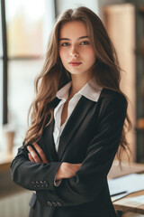 business woman with long open hair standing at the desk, business suit, arms crossed and looking directly into camera, attire, office girl, bokeh, photorealistic // ai-generated 