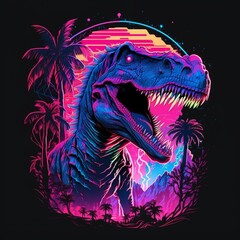  a Tyrannosaurus rex dinosaur standing on its hind legs in a tropical landscape. The dinosaur is bathed in the warm light of a setting sun, and there are palm trees silhouetted against the colorful 