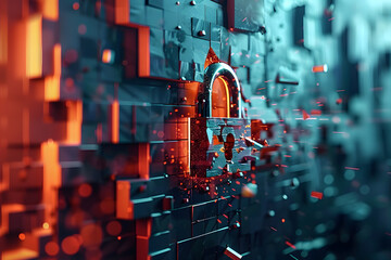 Naklejka premium A digital lock on a 3D pixelated wall disintegrates, symbolizing cybersecurity and data breach.
